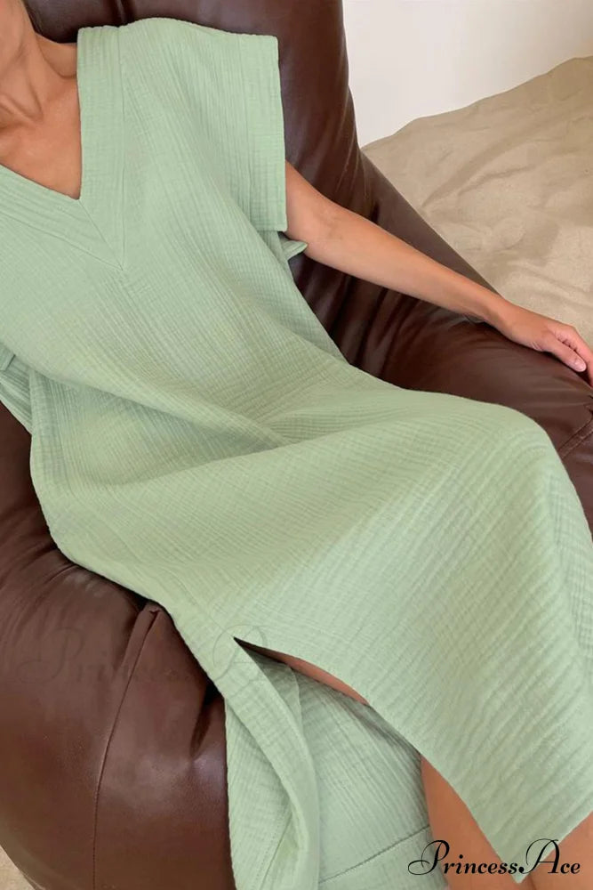 Solid V Neck Cotton Dress With Side Slit Green / L Midi Dresses