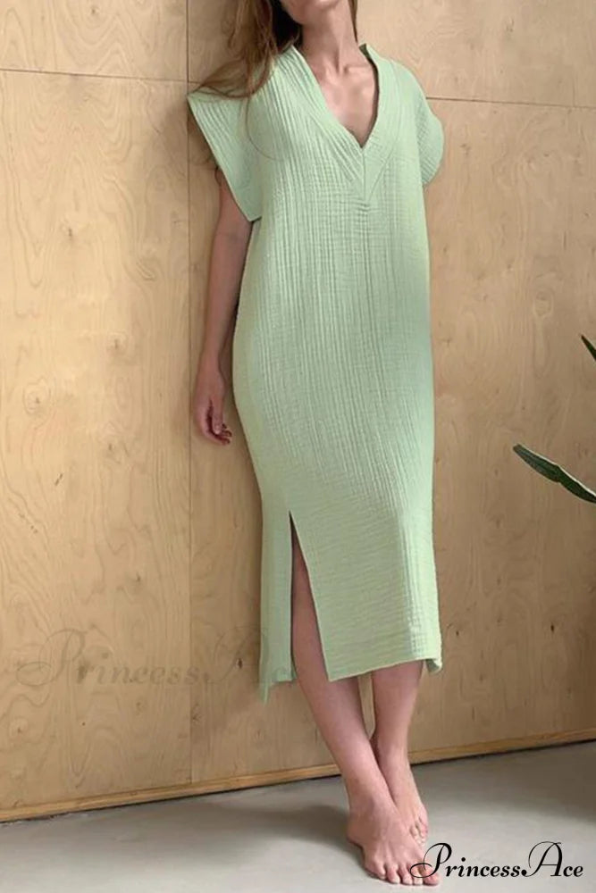 Solid V Neck Cotton Dress With Side Slit Green / M Midi Dresses