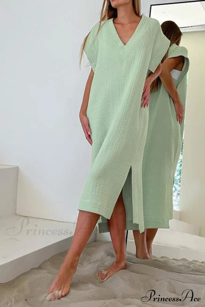 Solid V Neck Cotton Dress With Side Slit Green / S Midi Dresses