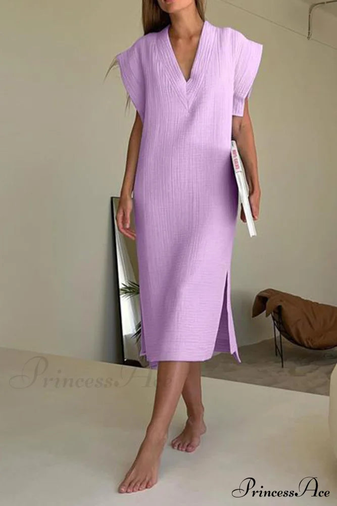 Solid V Neck Cotton Dress With Side Slit Purple / M Midi Dresses