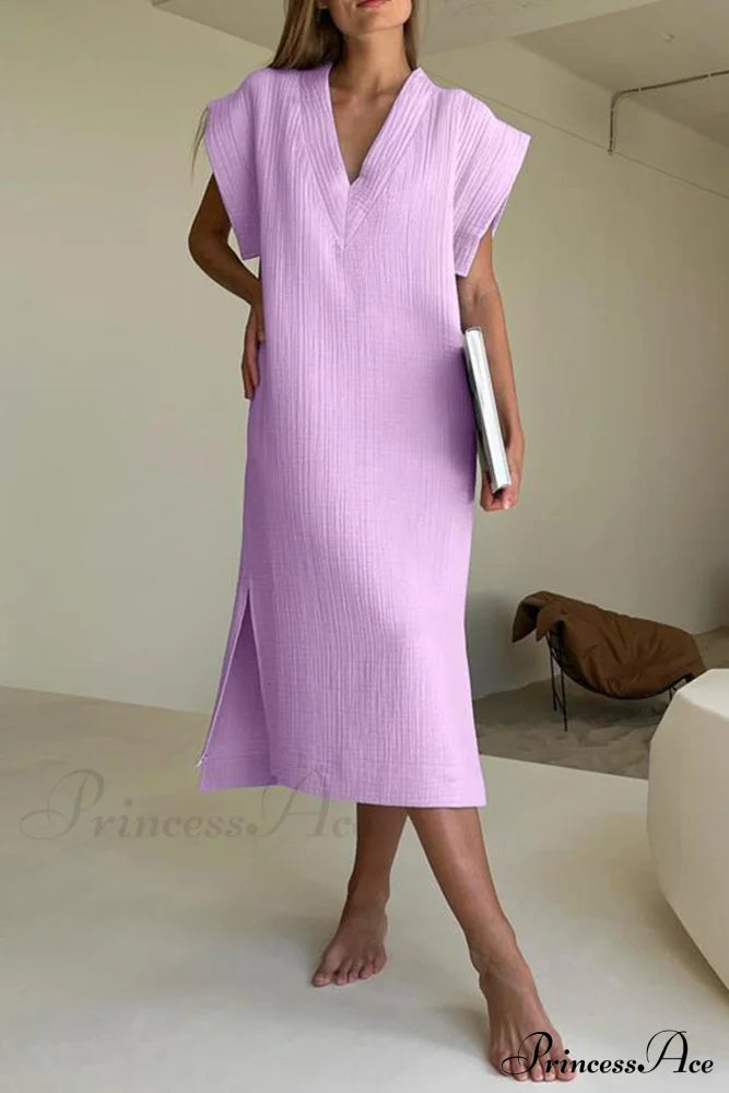 Solid V Neck Cotton Dress With Side Slit Purple / S Midi Dresses