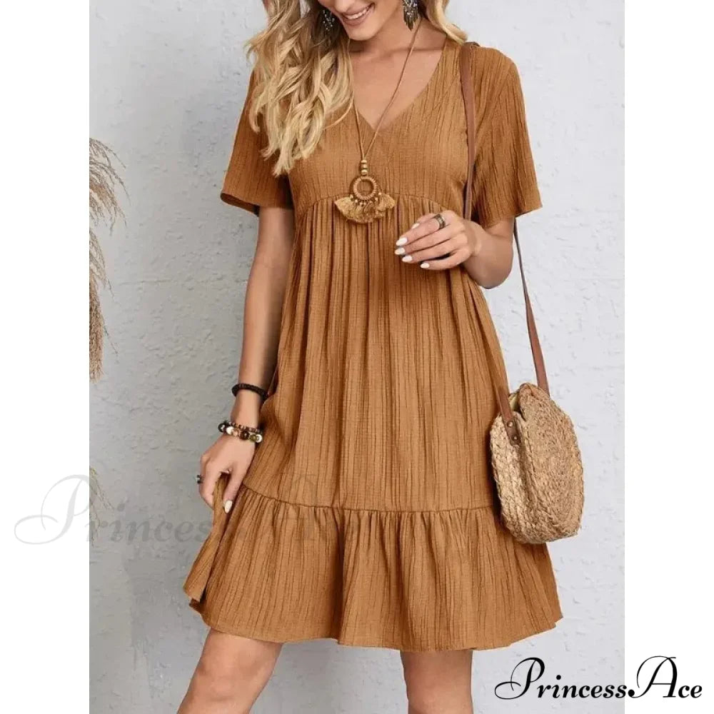 Solid V-Neck Short Sleeve Ruffles Boho Dress