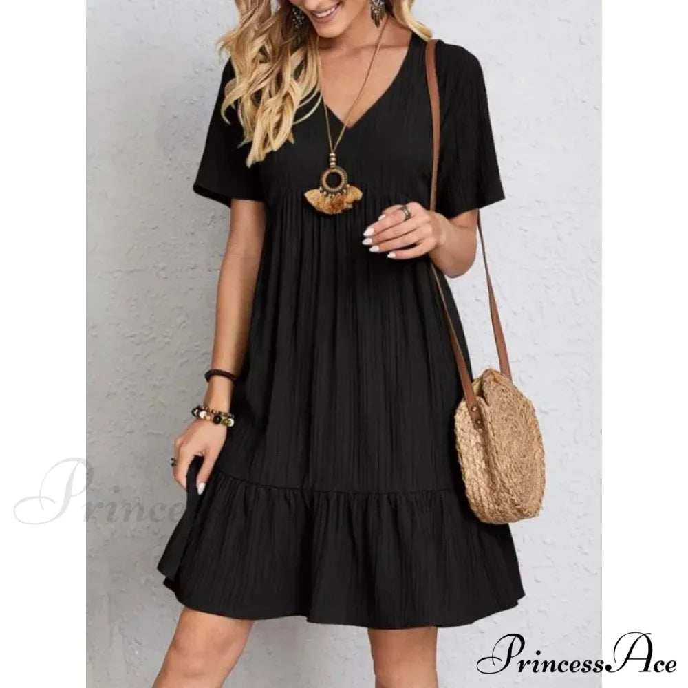 Solid V-Neck Short Sleeve Ruffles Boho Dress