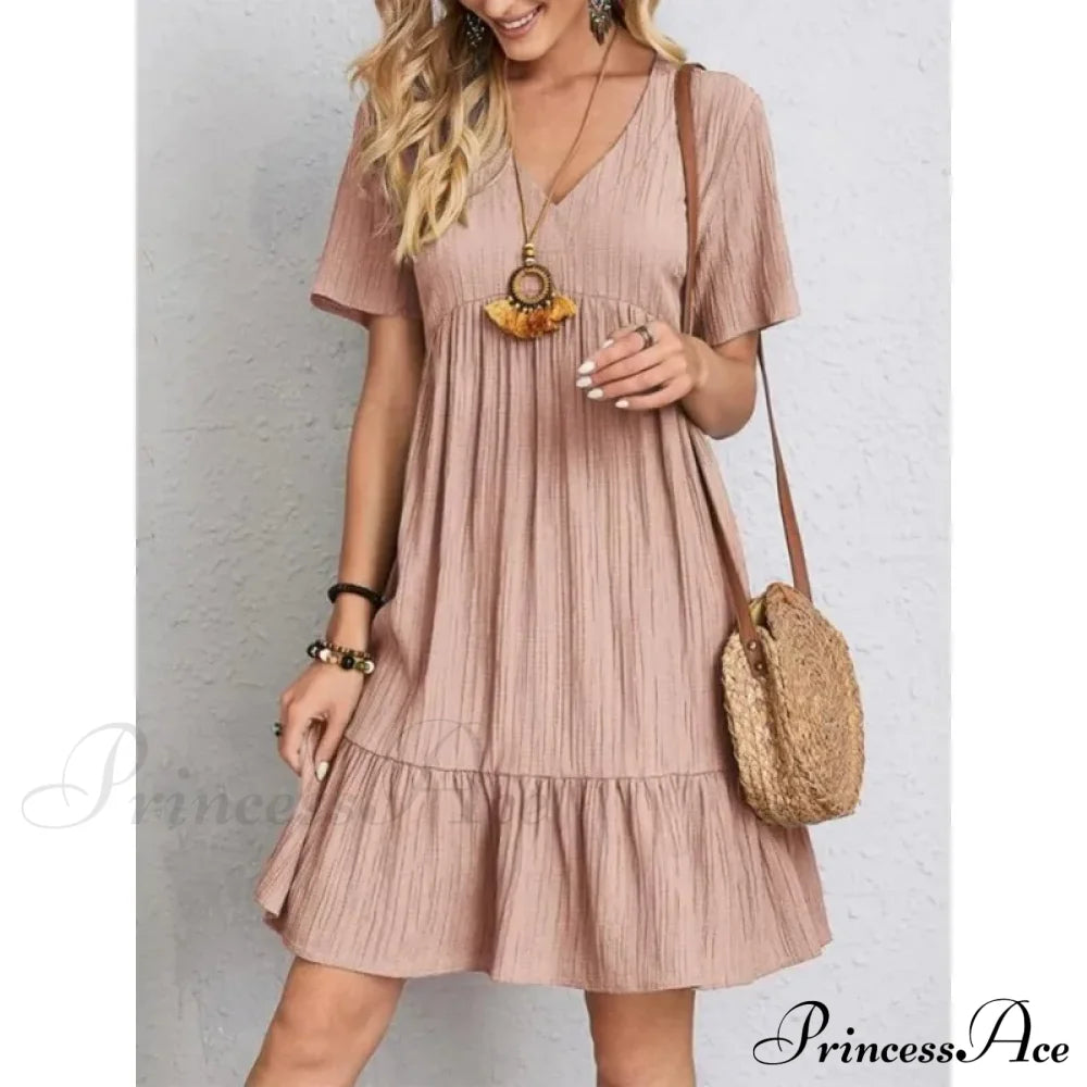 Solid V-Neck Short Sleeve Ruffles Boho Dress