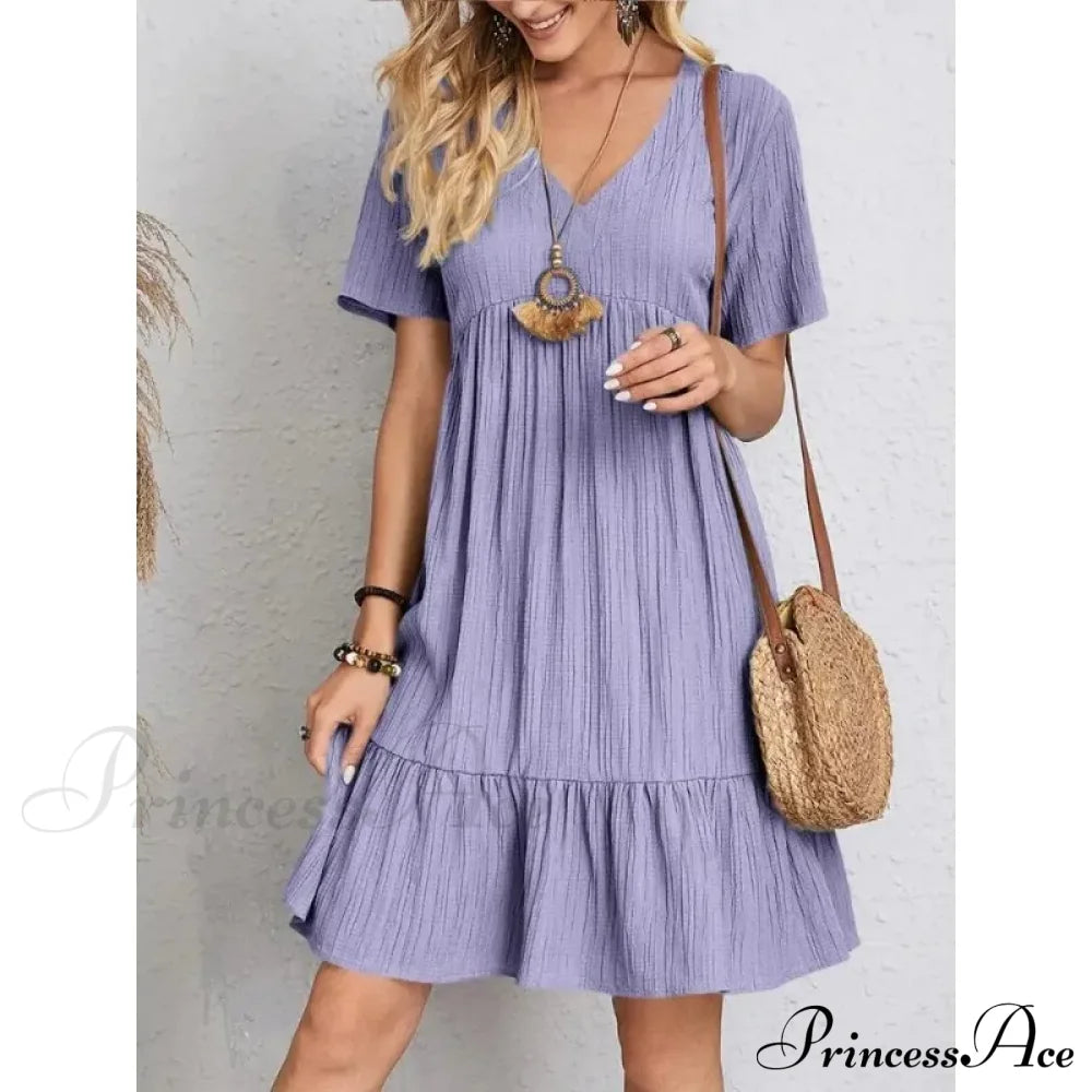 Solid V-Neck Short Sleeve Ruffles Boho Dress