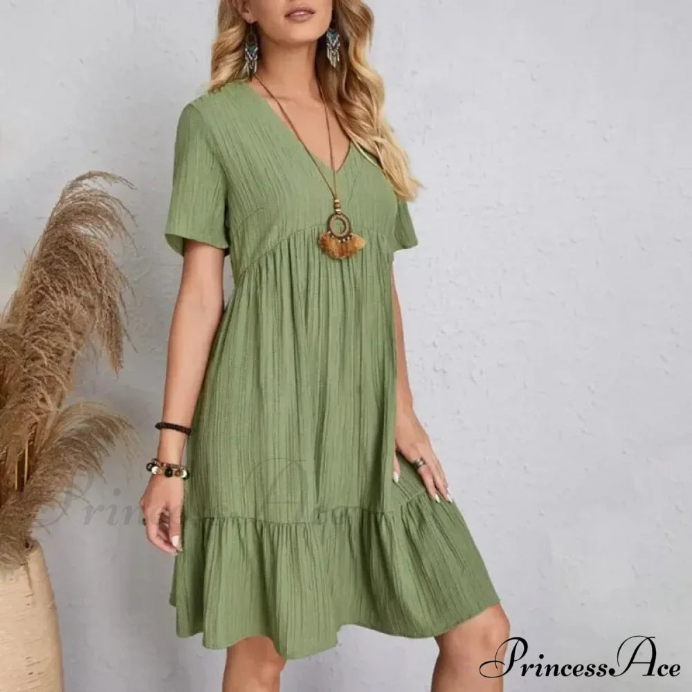 Solid V-Neck Short Sleeve Ruffles Boho Dress Green / S