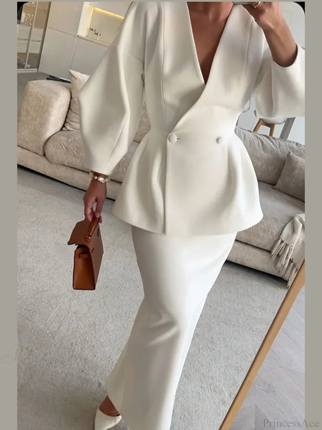 Solid V-neck Wool Blends Coat White / S