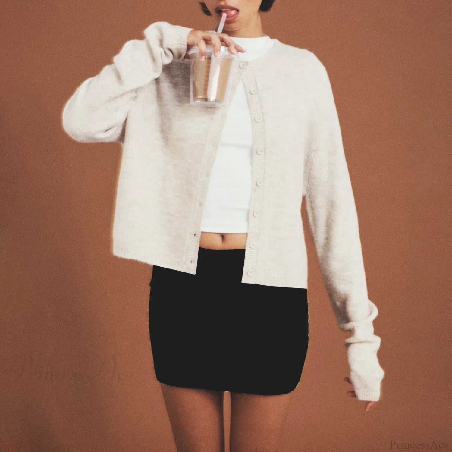 Solid Vintage Round Neck Button Cardigan Beige / S