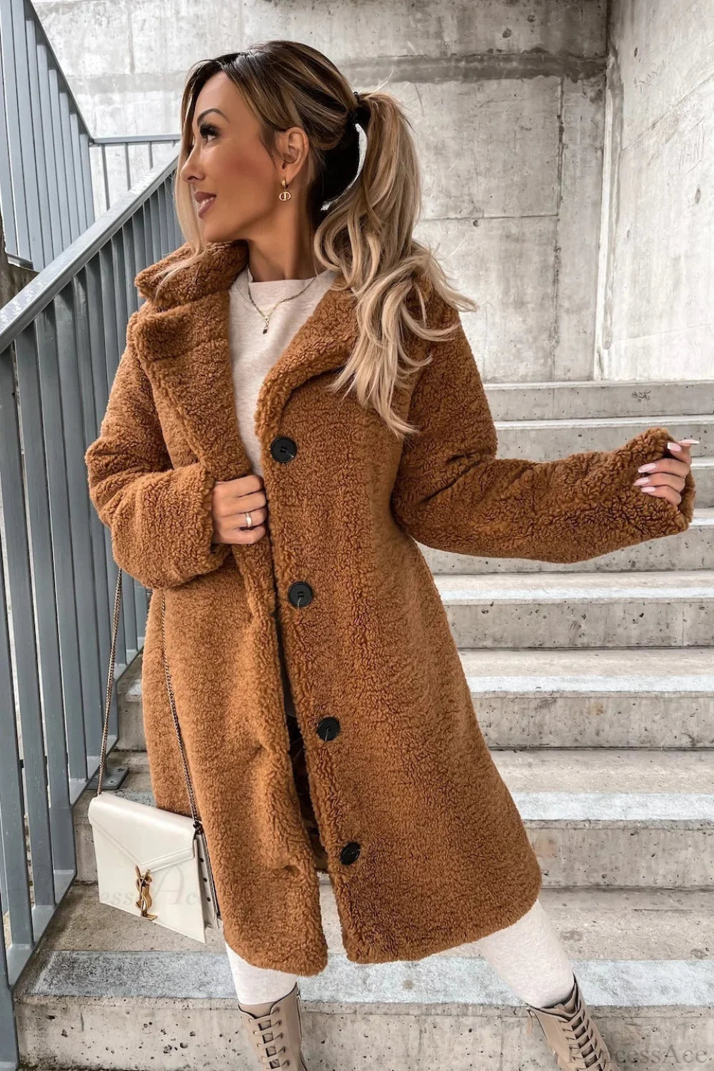 Solid Warm Faux Fur Lapel Overcoat Light brown / S