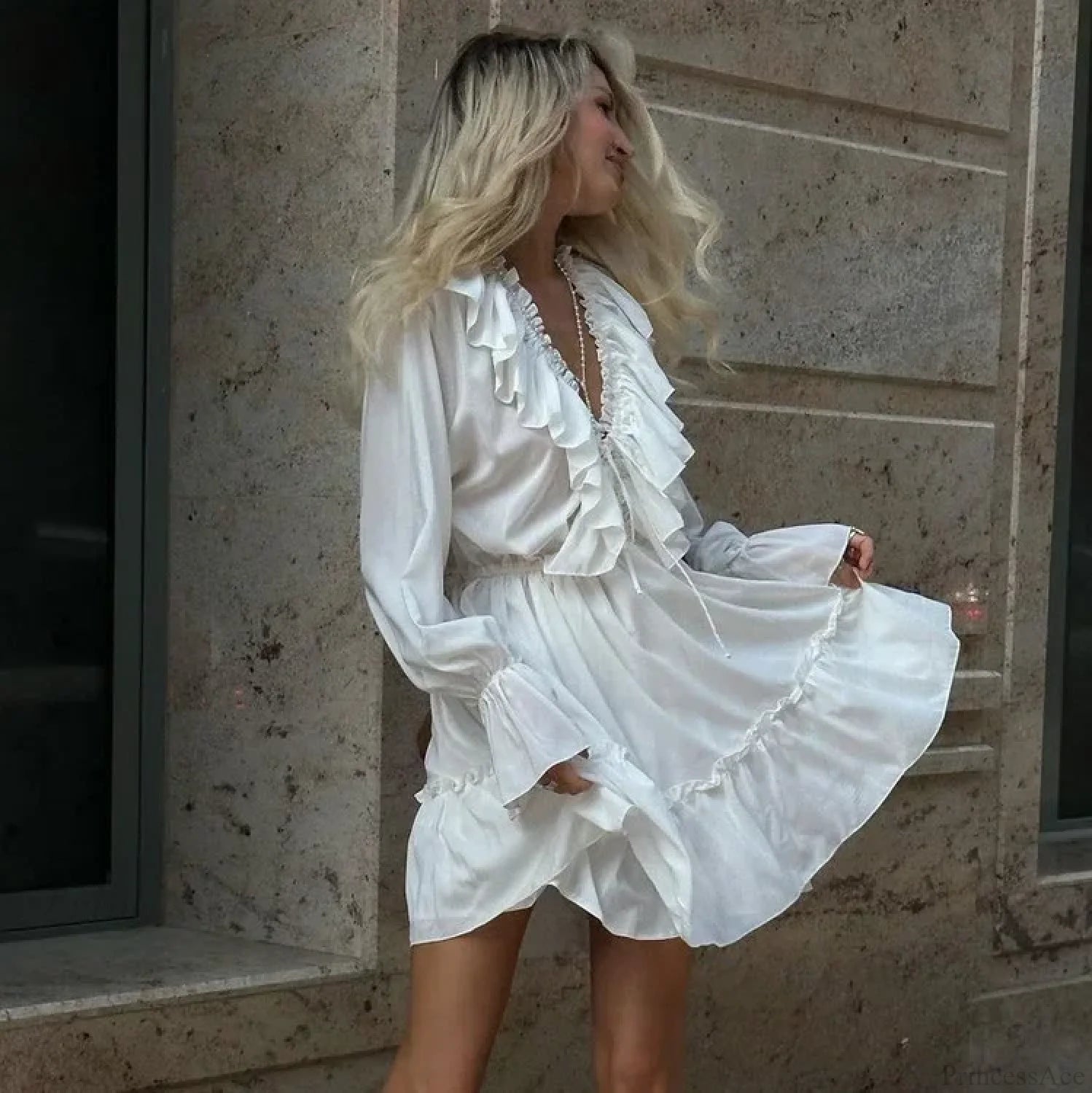 Solid White Cotton Rayon Long Sleeve Ruffle Dress bohodress-250126