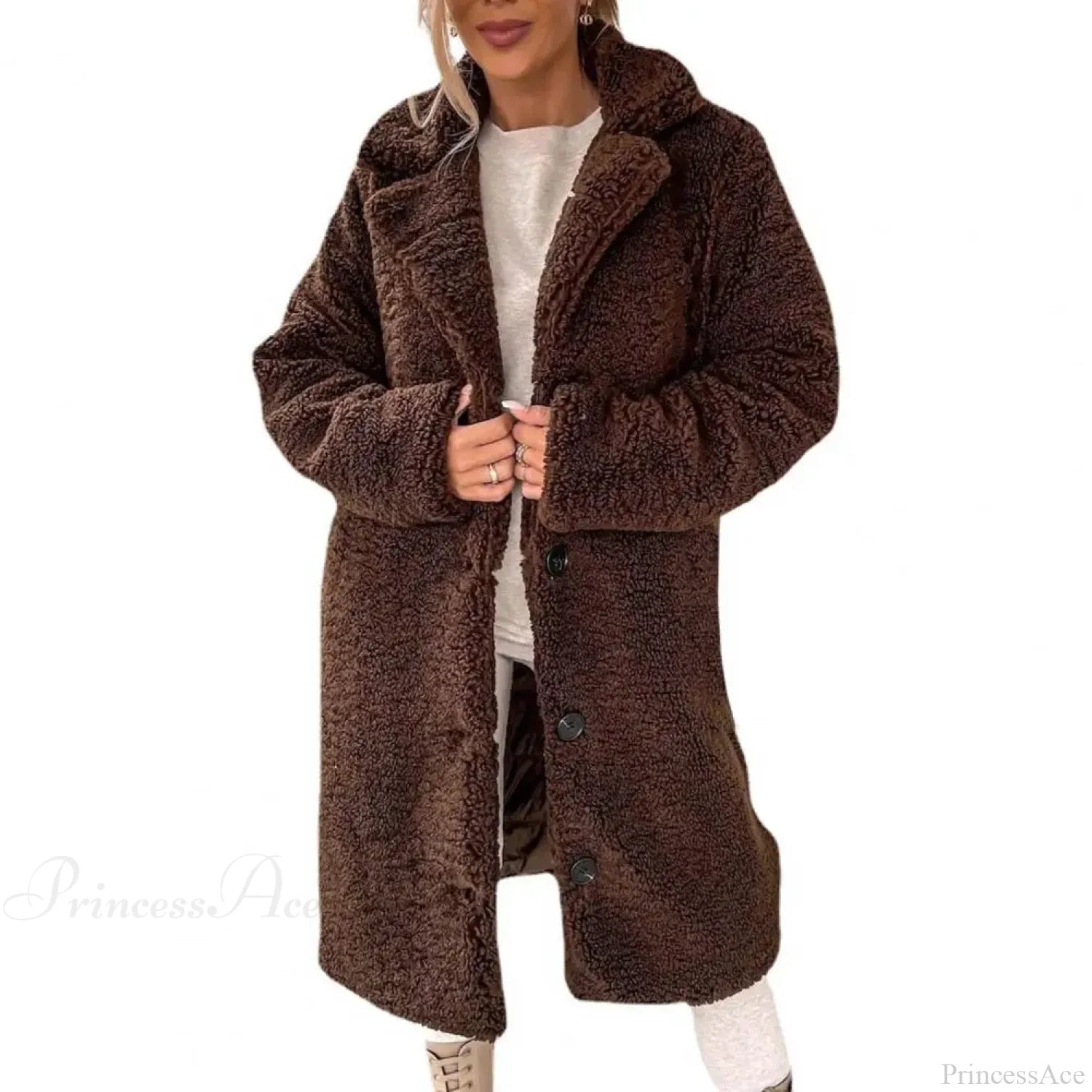 Solid Woolen Coat with Belted Overcoat Coffee / S