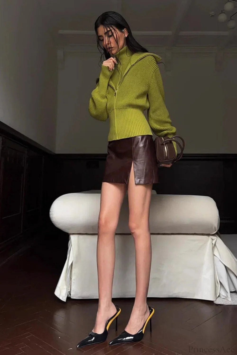 Solid Zip Fitted Waist Fake Cardigan