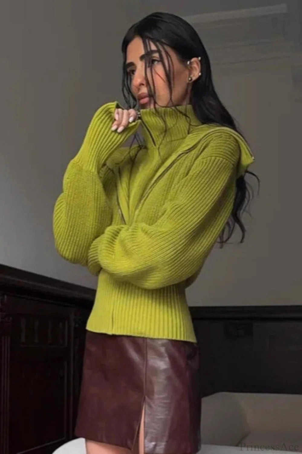 Solid Zip Fitted Waist Fake Cardigan