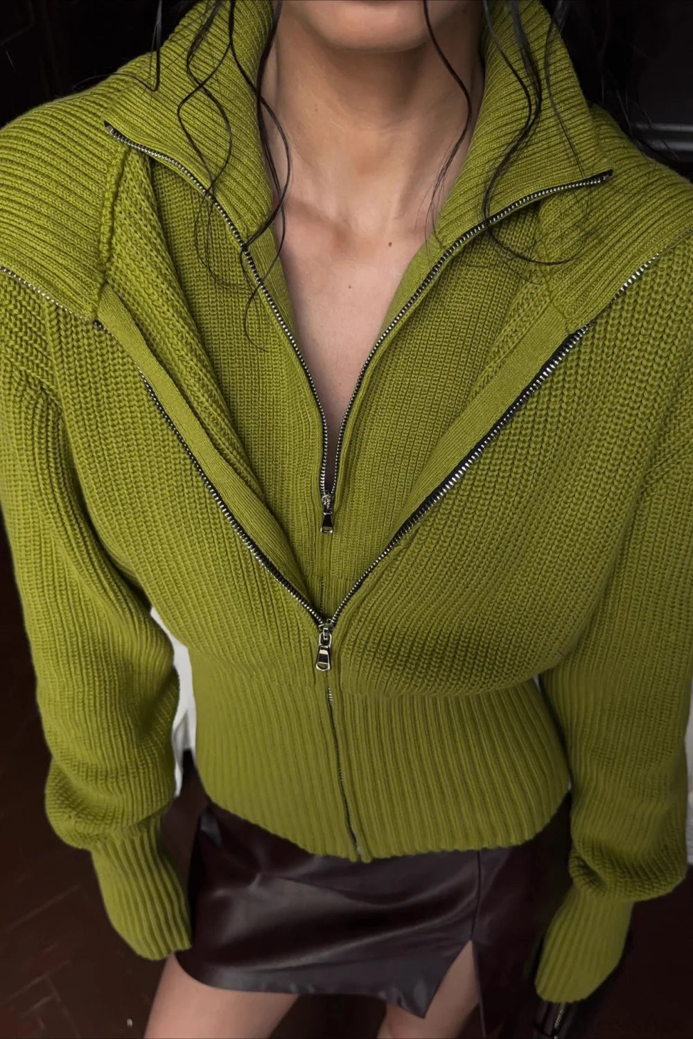 Solid Zip Fitted Waist Fake Cardigan