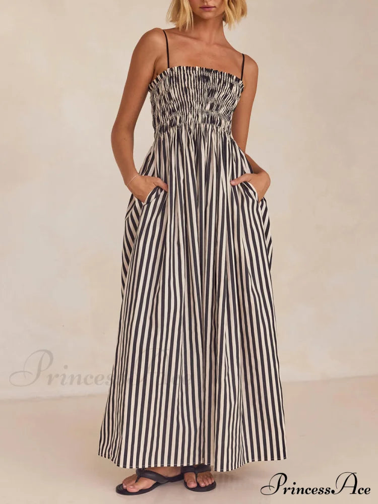 Sophistication Unique Stripe Charming Pleated Maxi Dress Black / S Dresses