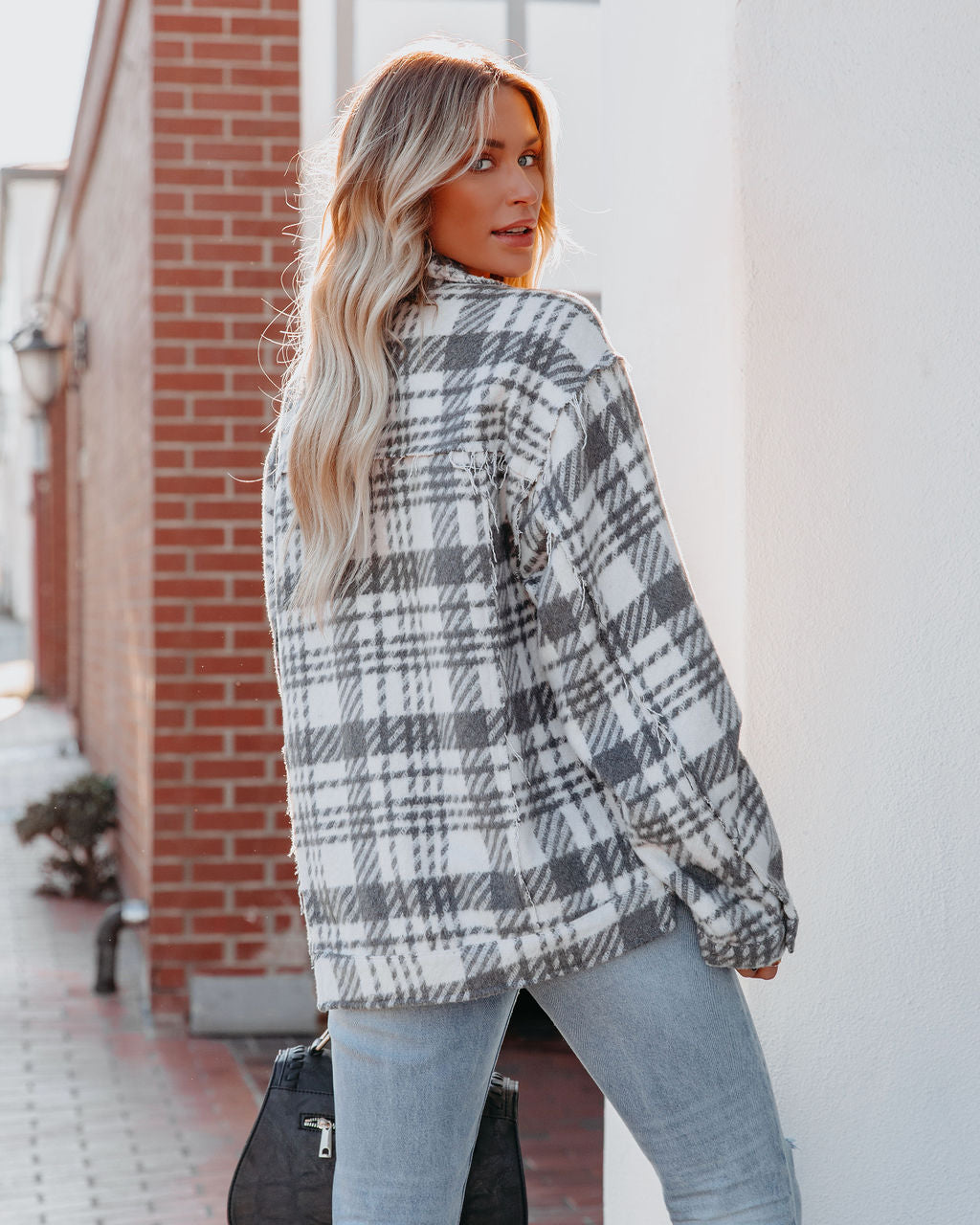 South Lake Frayed Plaid Shacket - Ivory Color