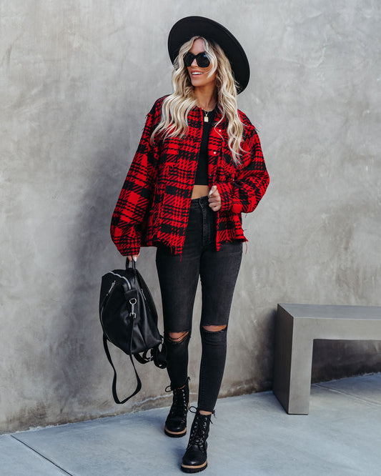 Red South Lake Frayed Plaid Shacket