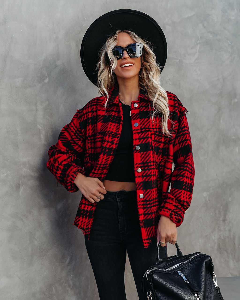 Red South Lake Frayed Plaid Shacket