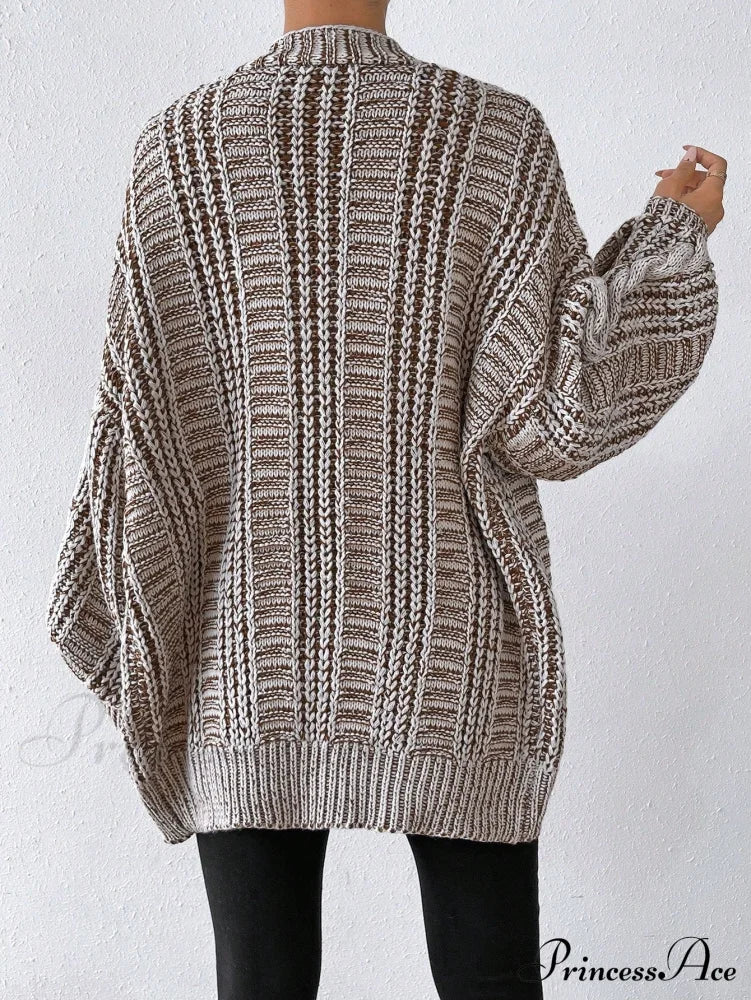 Space Dye Drop Shoulder Cable Knit Lantern Sleeve Cardigan