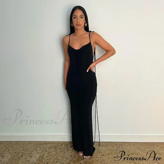 Spaghetti Strap Backless Bandage Maxi Dress Black / S