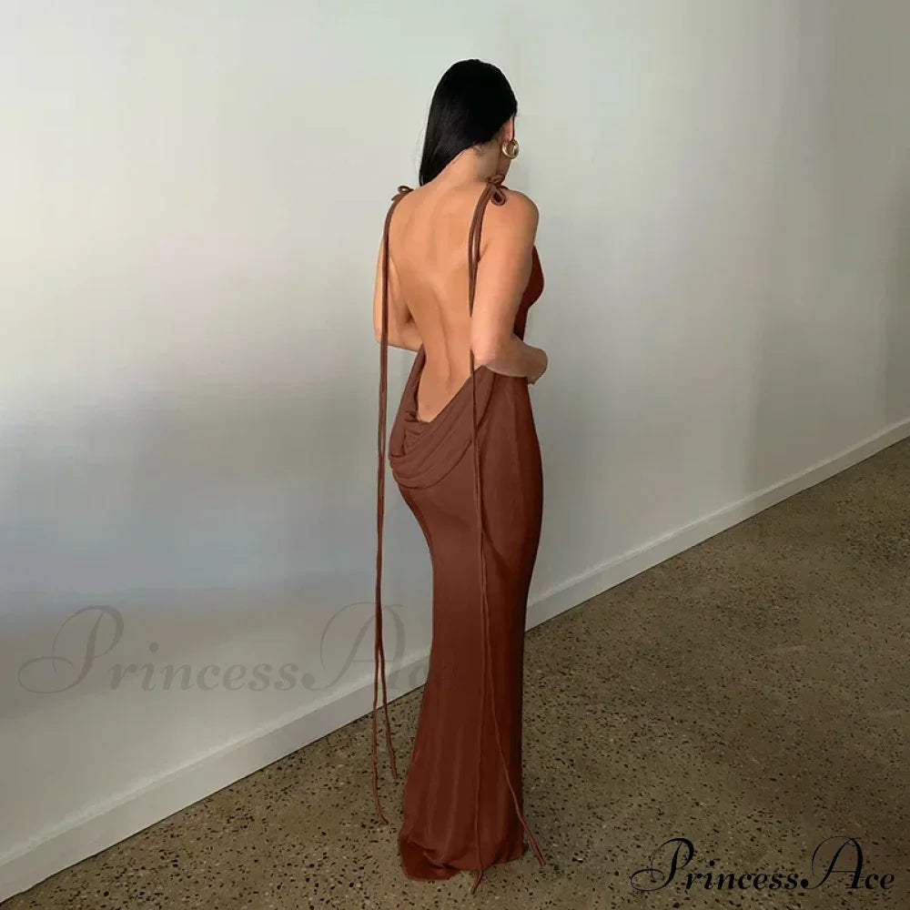 Spaghetti Strap Backless Bandage Maxi Dress Brown / S