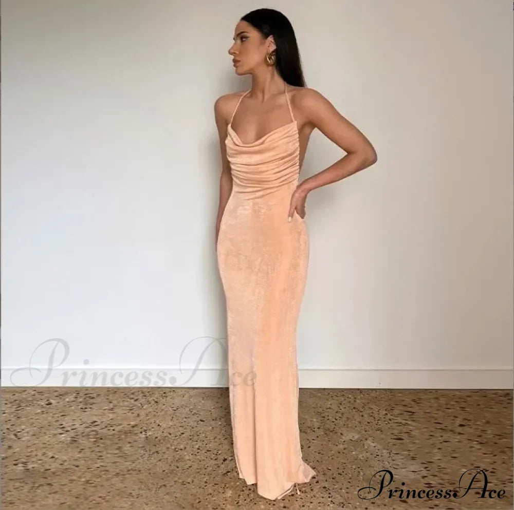 Spaghetti Strap Backless Bandage Maxi Dress Coral Red / S