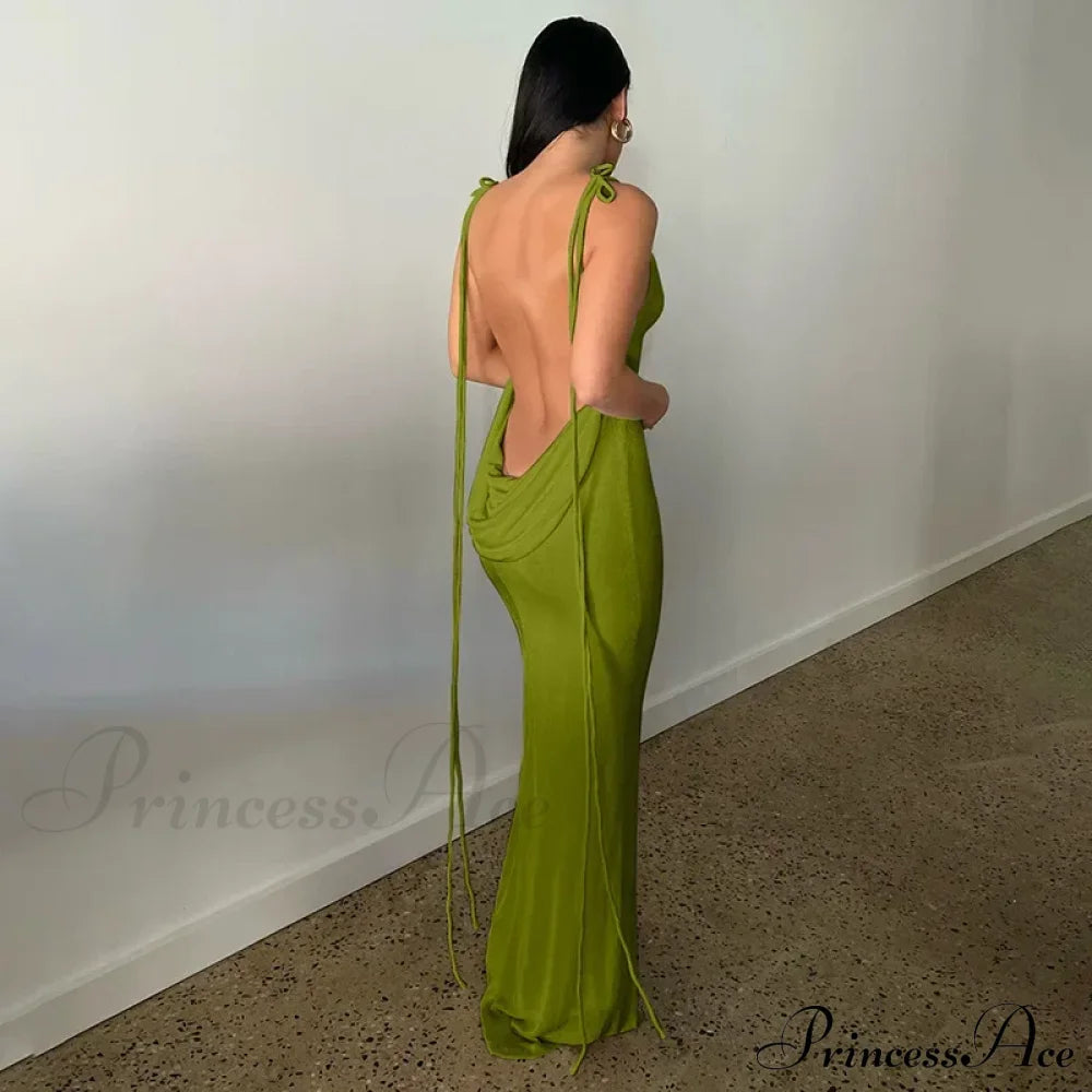 Spaghetti Strap Backless Bandage Maxi Dress Green / S