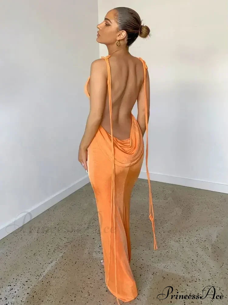 Spaghetti Strap Backless Bandage Maxi Dress Orange / S