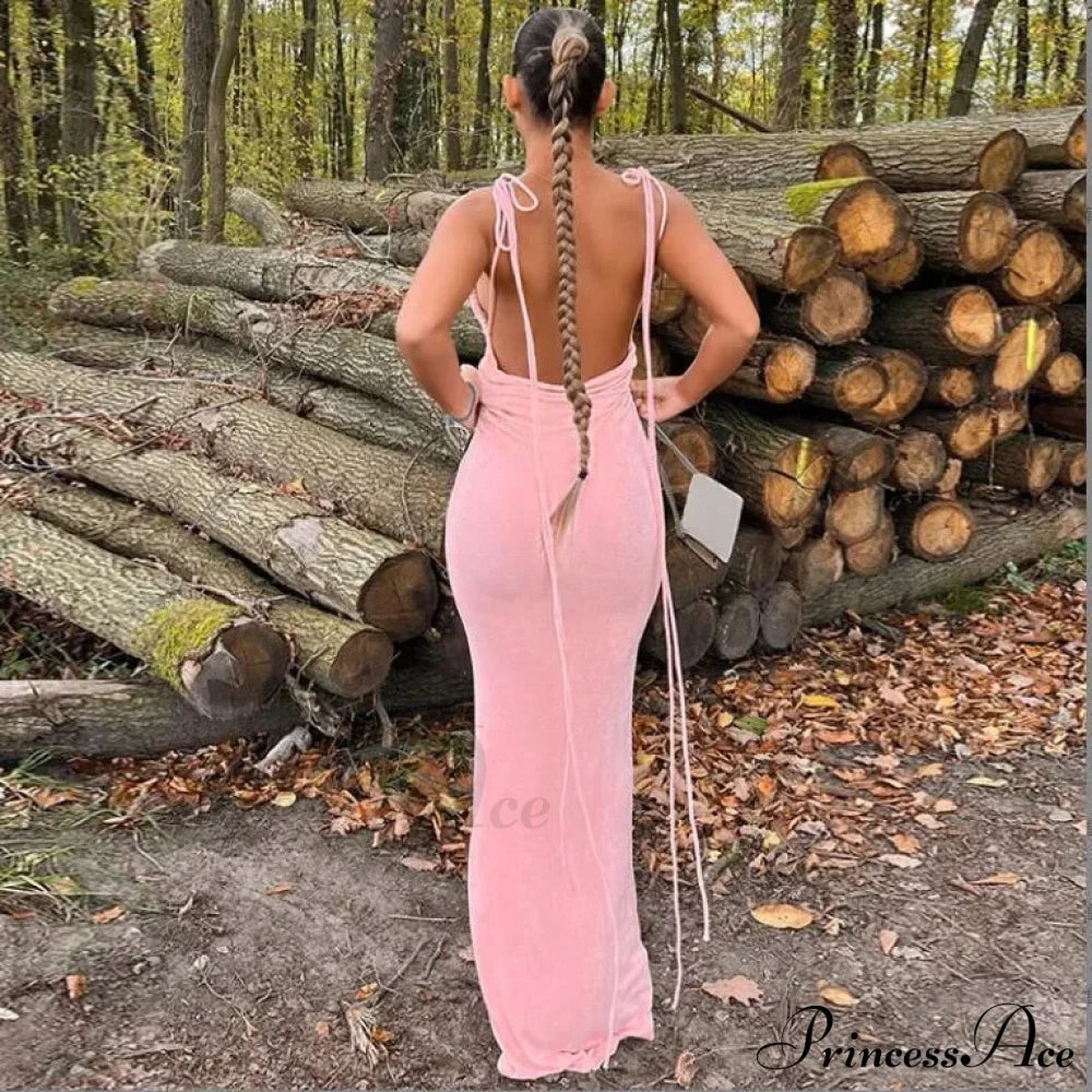 Spaghetti Strap Backless Bandage Maxi Dress Pink / S