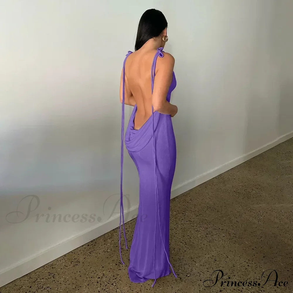 Spaghetti Strap Backless Bandage Maxi Dress Purple / S