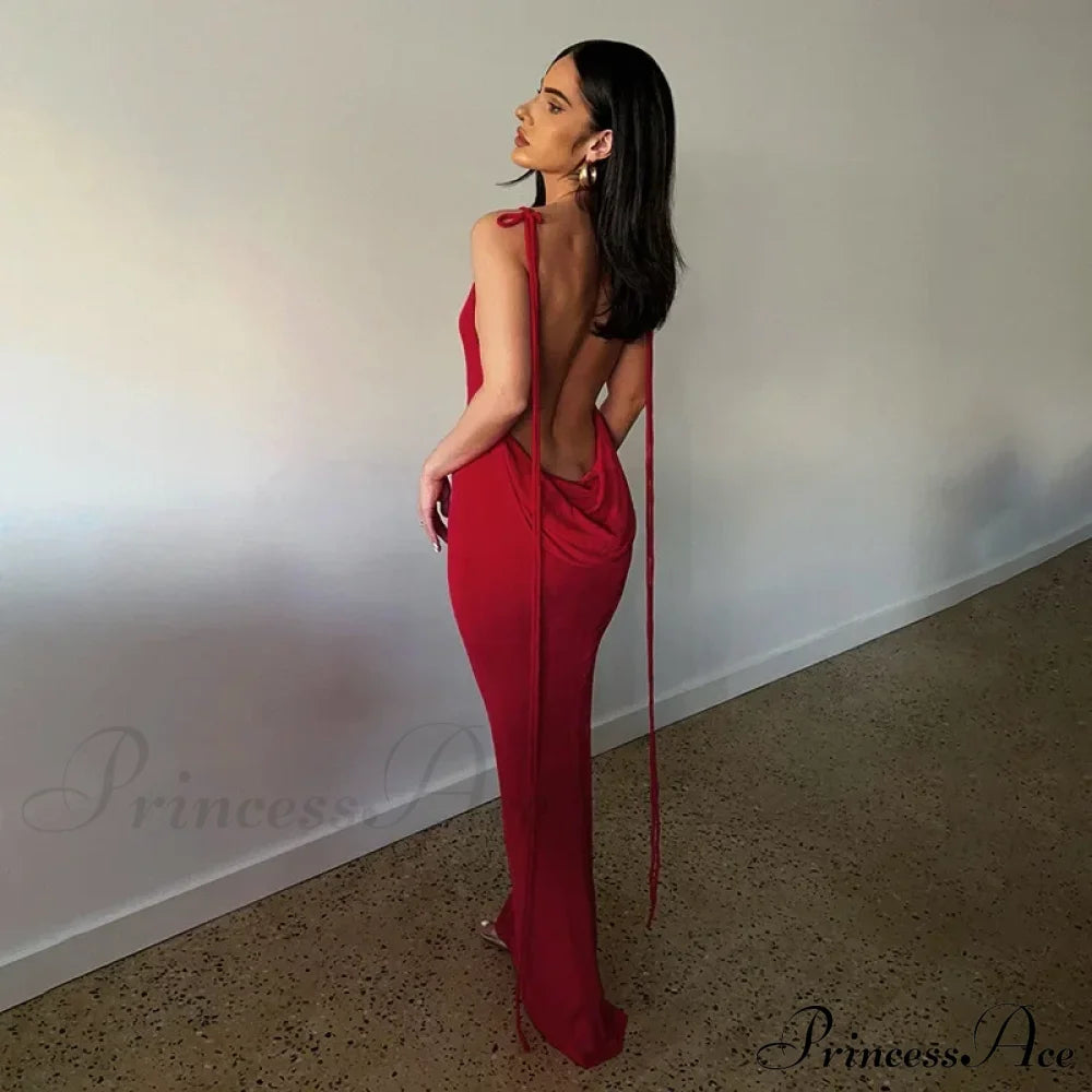 Spaghetti Strap Backless Bandage Maxi Dress Red / S