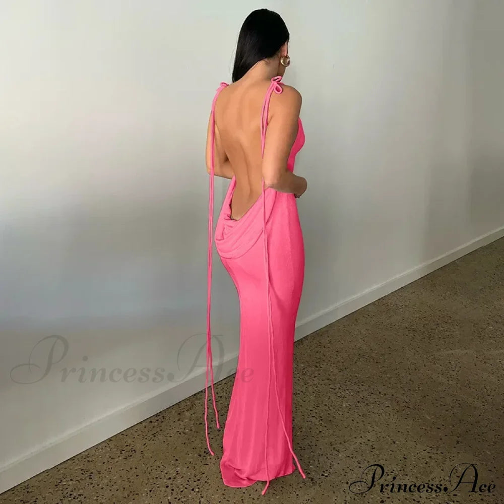 Spaghetti Strap Backless Bandage Maxi Dress Rose Red / S