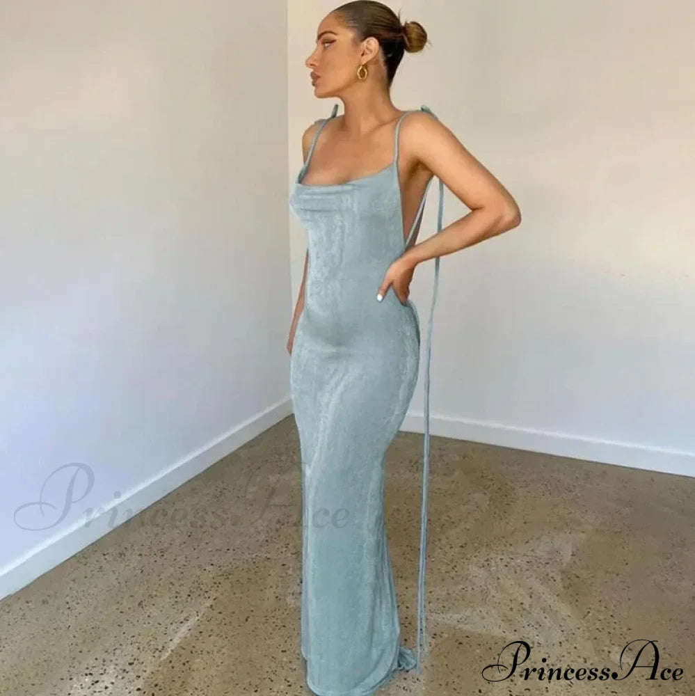 Spaghetti Strap Backless Bandage Maxi Dress Sky Blue / S