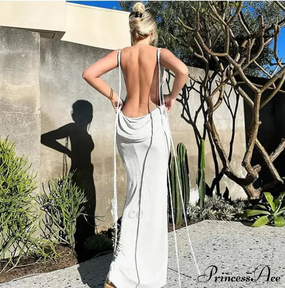 Spaghetti Strap Backless Bandage Maxi Dress White / S