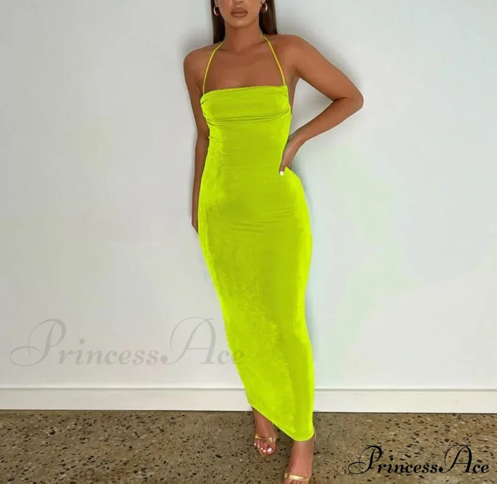 Spaghetti Strap Backless Bandage Maxi Dress Yellow / S