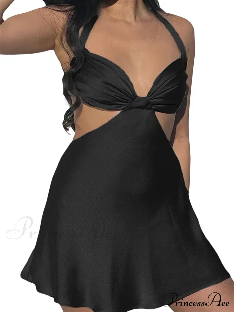 Spaghetti Strap Backless Satin Halter Hollow Out Mini Dress Black / S