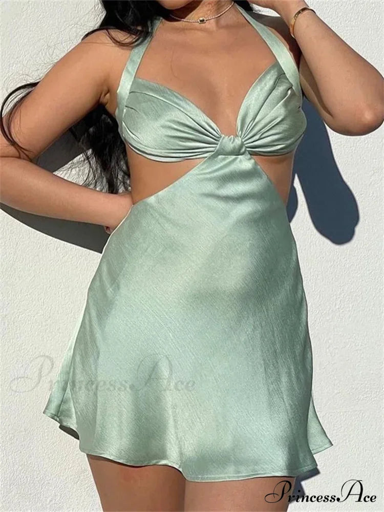 Spaghetti Strap Backless Satin Halter Hollow Out Mini Dress Green / S