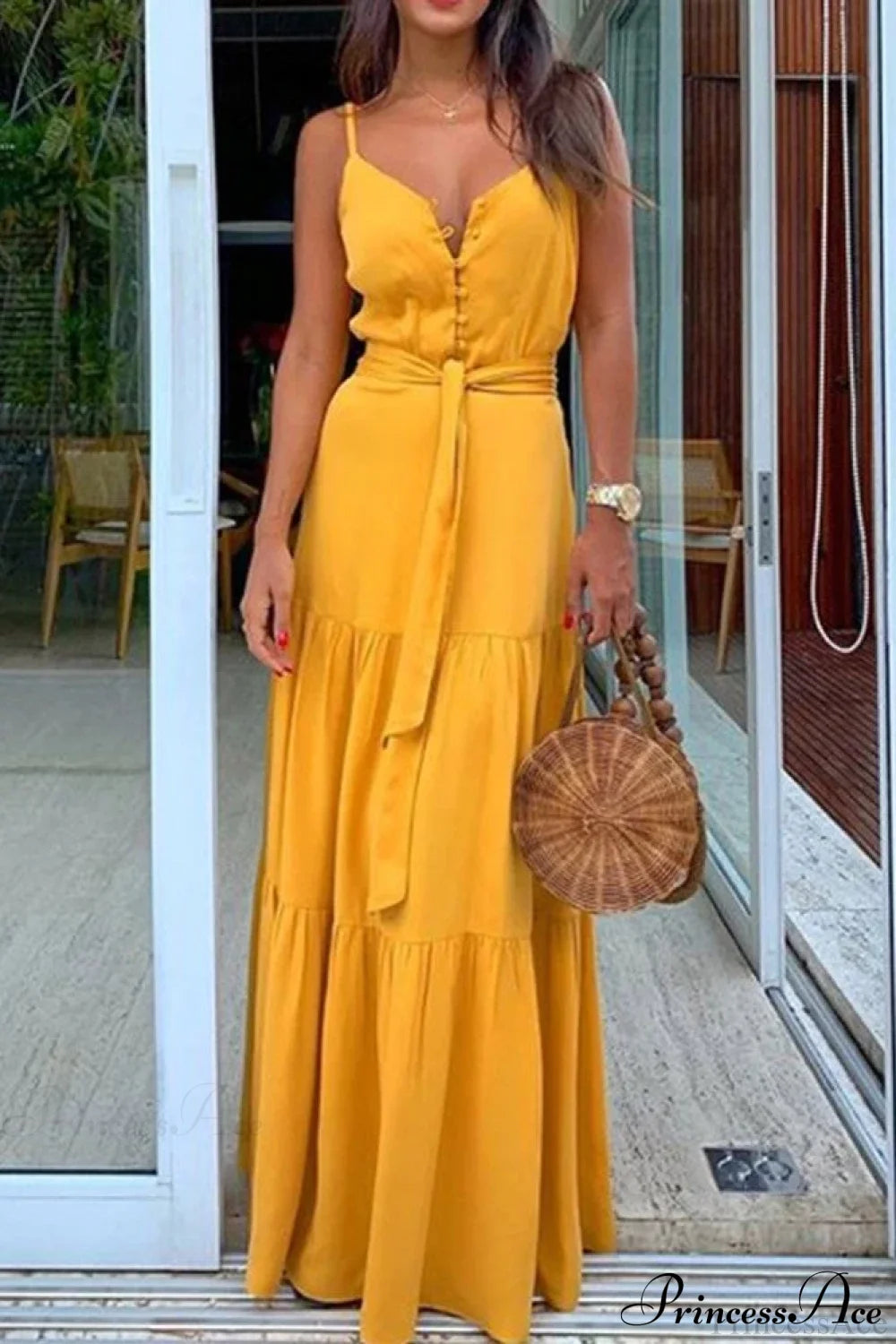 Spaghetti Strap Button Bandage Maxi Dress M / White Causal Yellow Maxi Dress