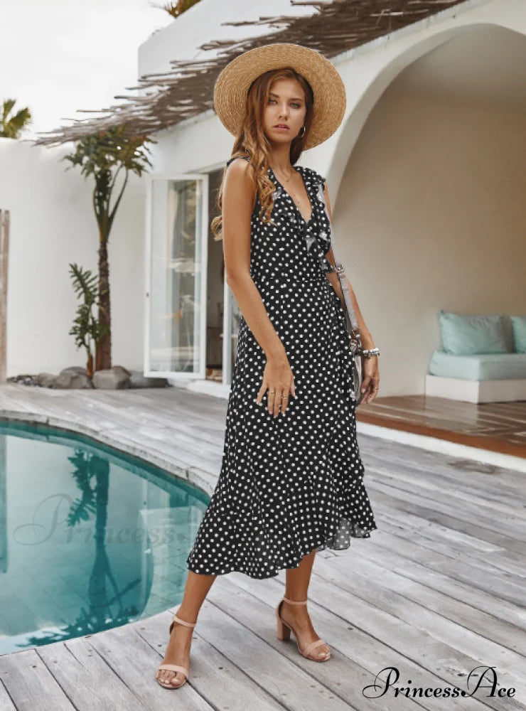 Spaghetti Strap Dress - Medium Long Dot Pattern L / Black Dresses