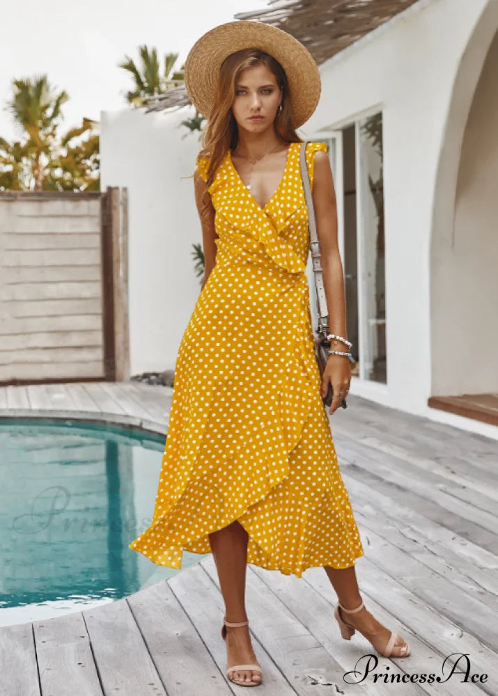 Spaghetti Strap Dress - Medium Long Dot Pattern S / Black Dresses