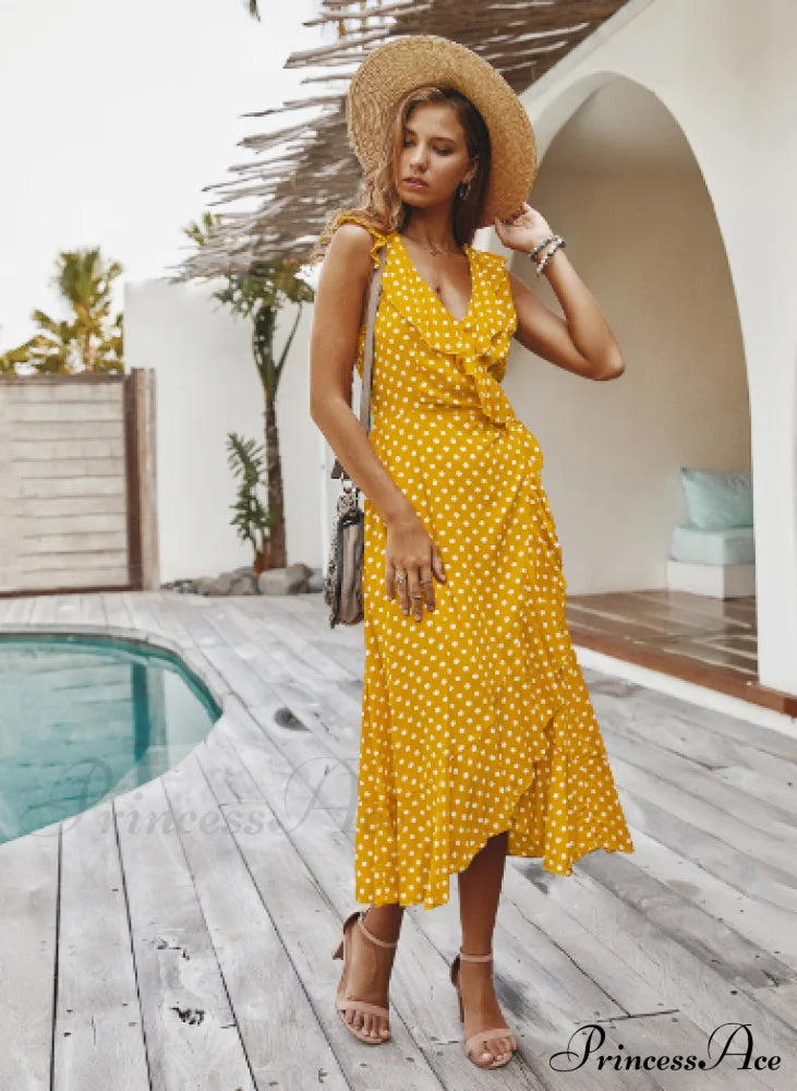 Spaghetti Strap Dress - Medium Long Dot Pattern S / Red Dresses