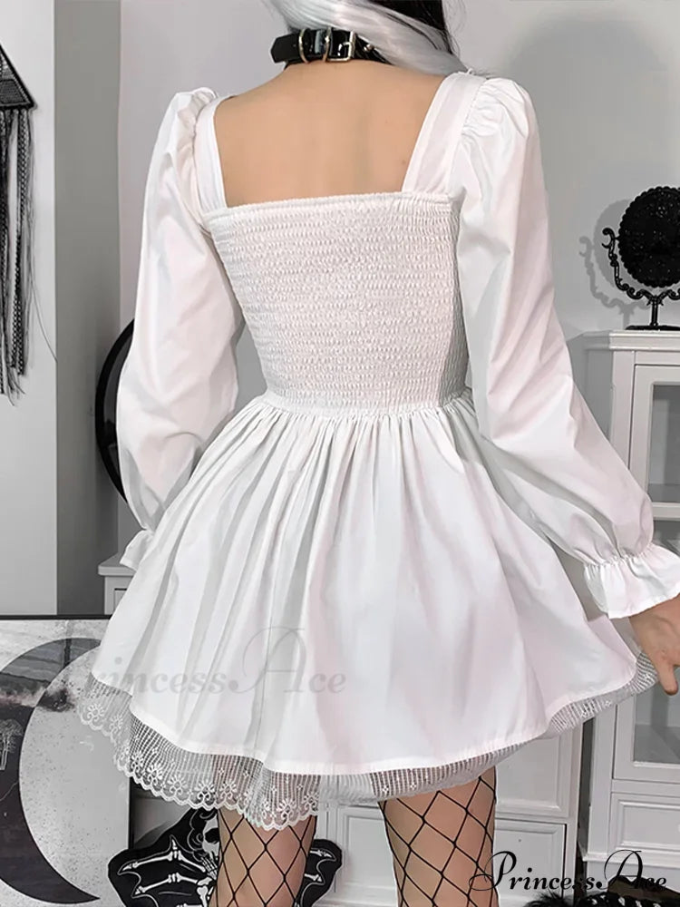 Spaghetti Strap Lace Satin Slip Sexy Party Mini Harajuku Vintage Square Collar Puff Sleeve Dress