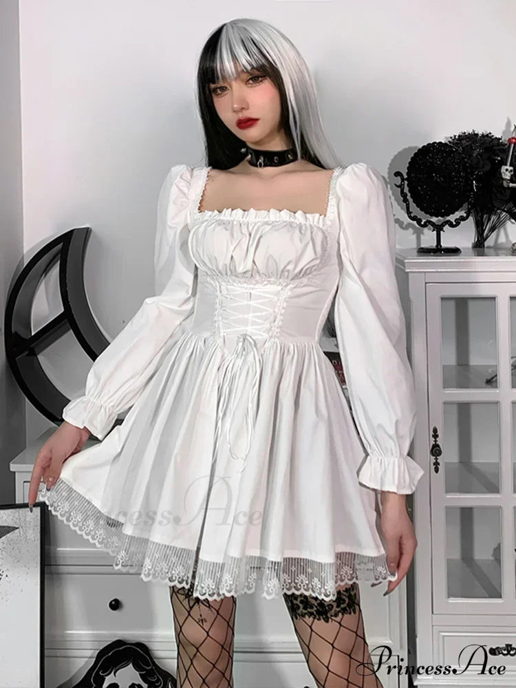 Spaghetti Strap Lace Satin Slip Sexy Party Mini Harajuku Vintage Square Collar Puff Sleeve Dress