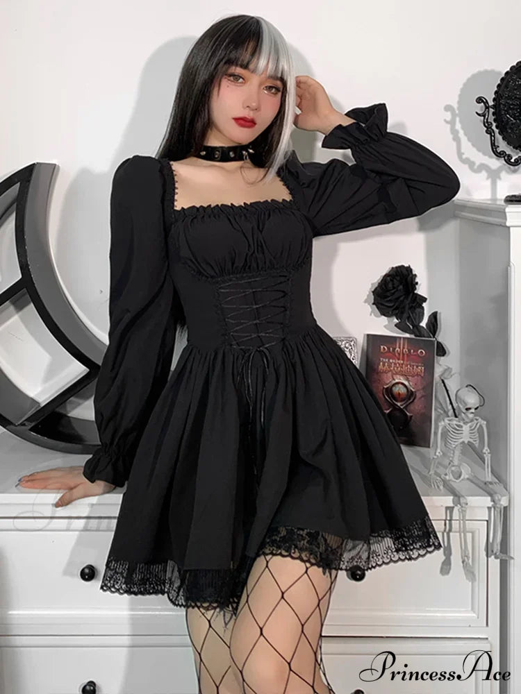 Spaghetti Strap Lace Satin Slip Sexy Party Mini Harajuku Vintage Square Collar Puff Sleeve Dress