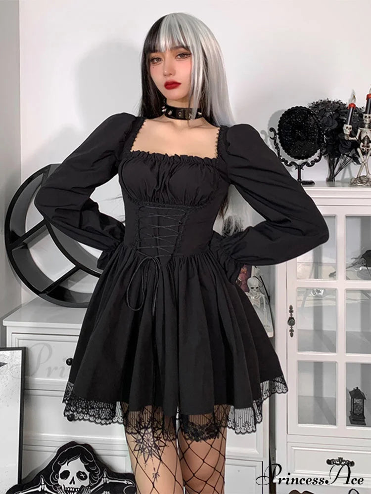 Spaghetti Strap Lace Satin Slip Sexy Party Mini Harajuku Vintage Square Collar Puff Sleeve Dress