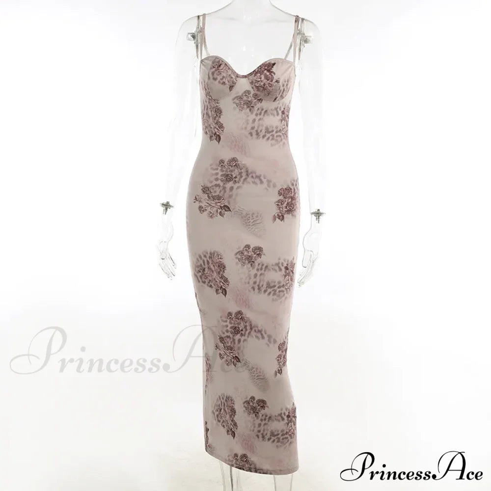 Spaghetti Strap Print Prom Mesh Wedding Guest Evening Party Floral Dress Khaki / S