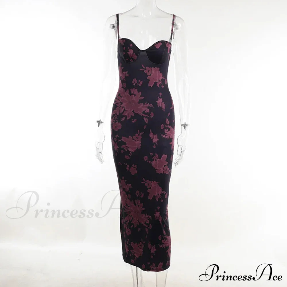 Spaghetti Strap Print Prom Mesh Wedding Guest Evening Party Floral Dress Purple / S