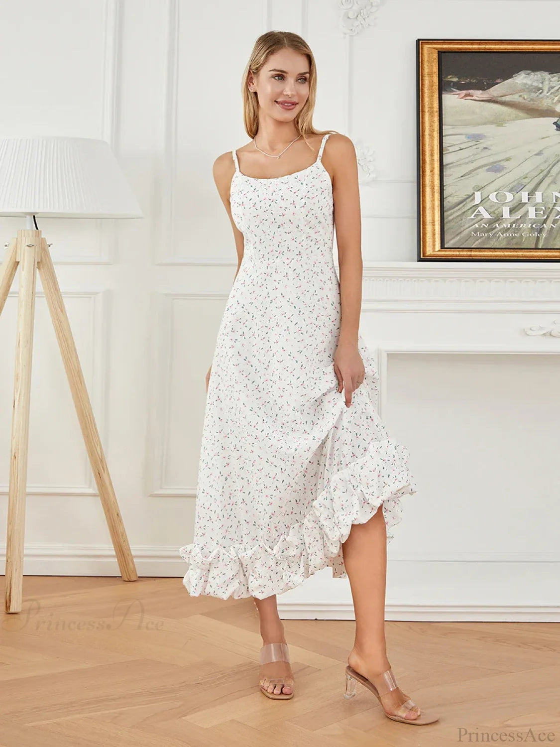 Spaghetti Strap Ruffled Long Sweet Sling Bubble Hem A-line Floral Dress floraldress-250126