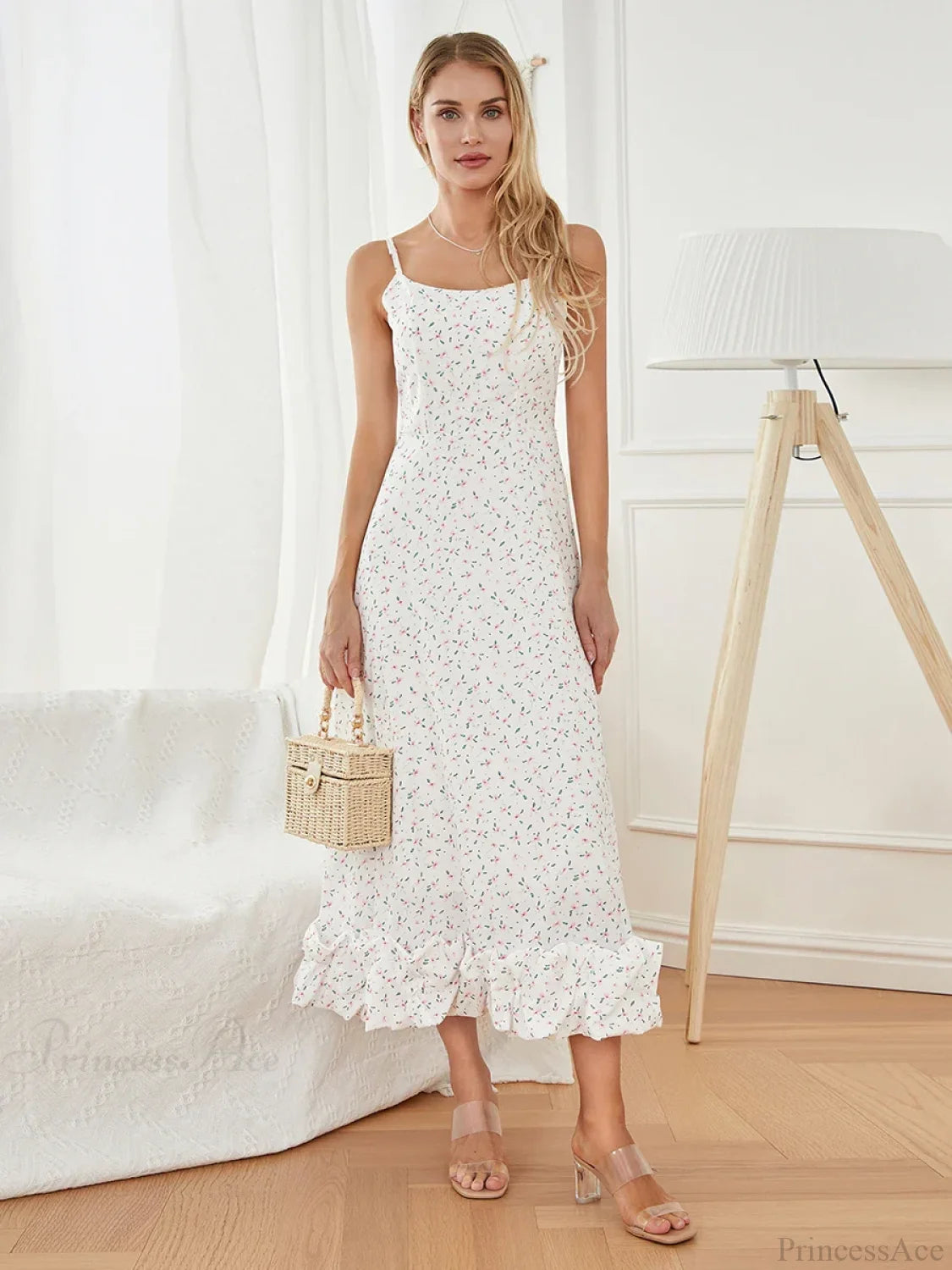 Spaghetti Strap Ruffled Long Sweet Sling Bubble Hem A-line Floral Dress floraldress-250126