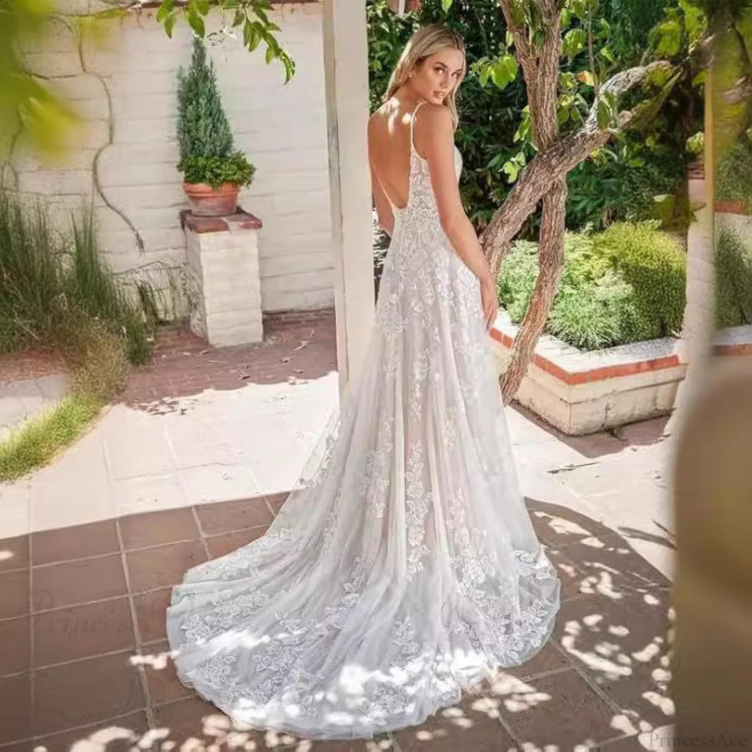 Spaghetti Strap Sheer Tail Wedding Dress weddingdress-250223